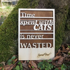 Phrase de référence bois naturel double couche 3D carte en bois, chat citation de Freud, pendaison de crémaillère amoureux des chats voeux Tenture murale cadeau en mouvement