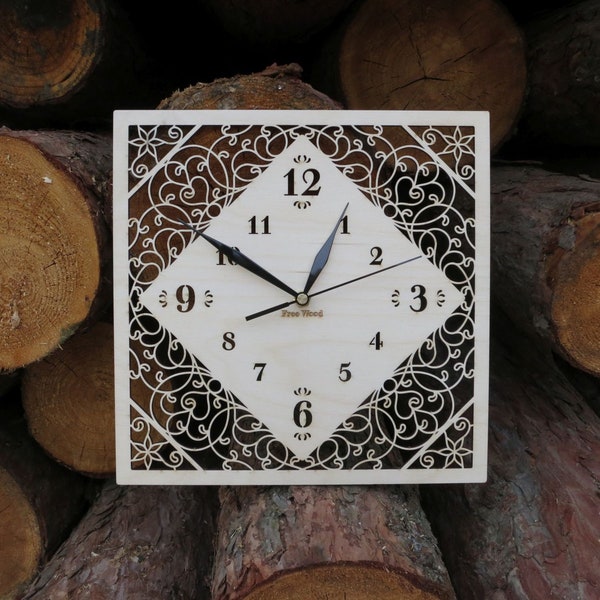 Square Filigree Wooden Wall Clock, silent sweep natural hanging decor, natural birch wood, delicate lace accent, woodland housewarming art