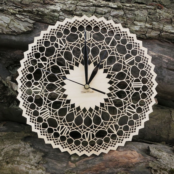 Wooden Doily Wall Clock, lace silent sweep soundless, housewarming art gift, natural birch wood, delicate filigree accent, hanging wall art