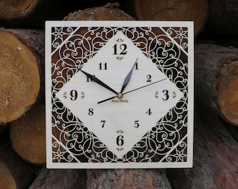 Square Filigree Birch Wood Wall Clock: Silent Sweep, Woodland Decor