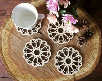Gothic Rosette Wooden Coasters: 3D Filigree Birch Plywood
