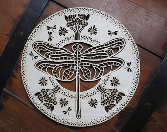 Dragonfly Wooden Ornament, natural ethnic wood wall hanging filigree lasercut cutout naturalistic woodland rustic gift eco window decoration