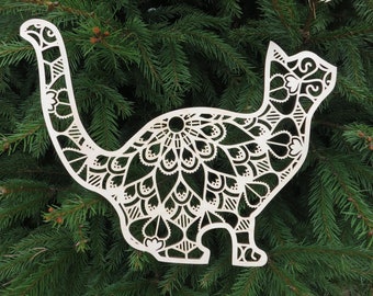 Cat Lace Ornament, cat-lover gift, filigree shadow wall hanging decoration, openwork natural wood mandala flowers floral figurine shape