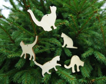 Set of 5 Cat Wooden christmas ornaments, x-mas tree decorations natural wood plywood home decor gift for catlovers catlady