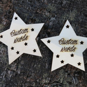 Custom text wooden stars, christmas present name tag, wedding names tags ornaments, x-mas gift cutouts, natural birch wood, wedding favors