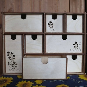 Love Plant Mini Chest of 8 Drawers, wooden jewelry beads locker closet cupboard filigree openwork desktop office storage boxes natural wood