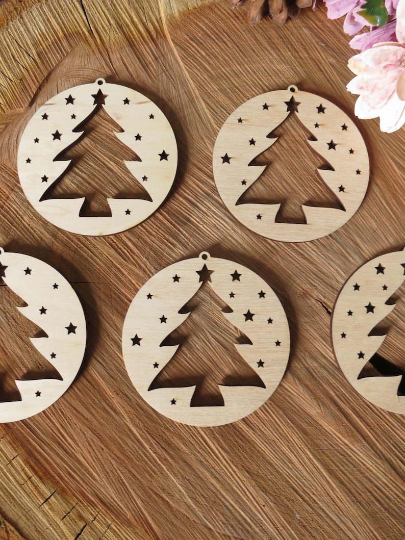 Christmas Tree Wooden Baubles Tree With Stars Round Ornaments Etsy