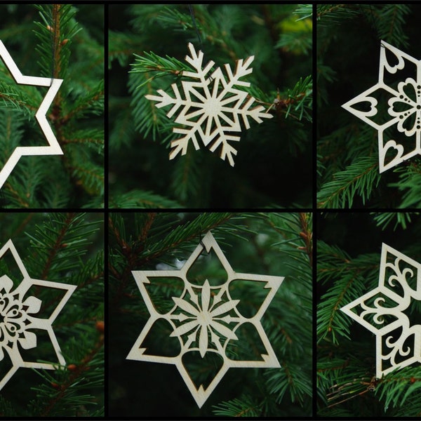 Set of 6 Wooden christmas ornaments, Christmas stars, x-mas tree decorations natural wood plywood home decor gift rustic woodland lasercut