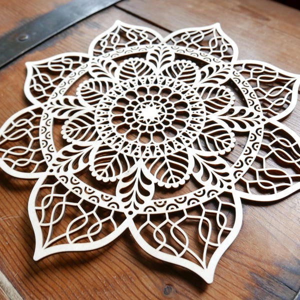 Floral Wooden Mandala Ornament, natural folk ethnic wood wall hanging spring flower filigree lasercut cutout woodland rustic gift eco window