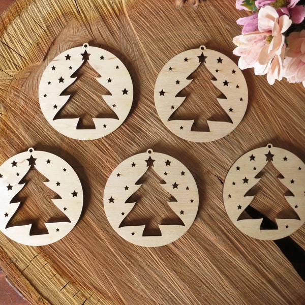 Christmas Tree Wooden Baubles, tree with stars round ornaments set, filigree wooden cutouts, simple x-mas favor gift, ecological natural art