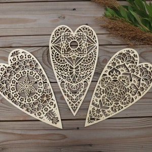 3 Filigree Wooden Hearts with Mandalas, lace wood wall ornaments, love and friends heart gift, raw natural ecological birch wood art