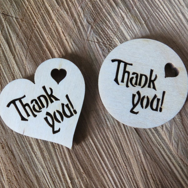 Thank You Round or Heart Tags, filigree wooden favors, wedding hearts ornaments, table bottle hangings natural wood tag cutouts gift present
