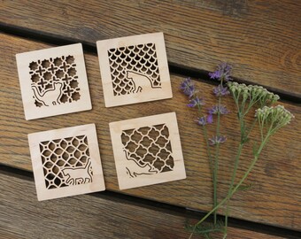 Wooden Cat Magnets: Lace Laser-Cut Birch Fridge Decor