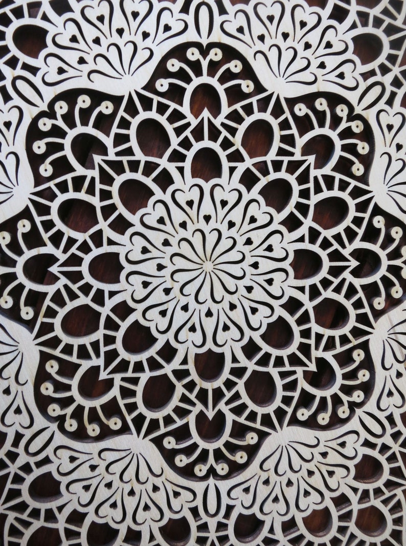 folk filigree lace wood gift ornament floral petals shadow woodland rustic Wooden Mandala with Little Hearts natural wall hanging rosette