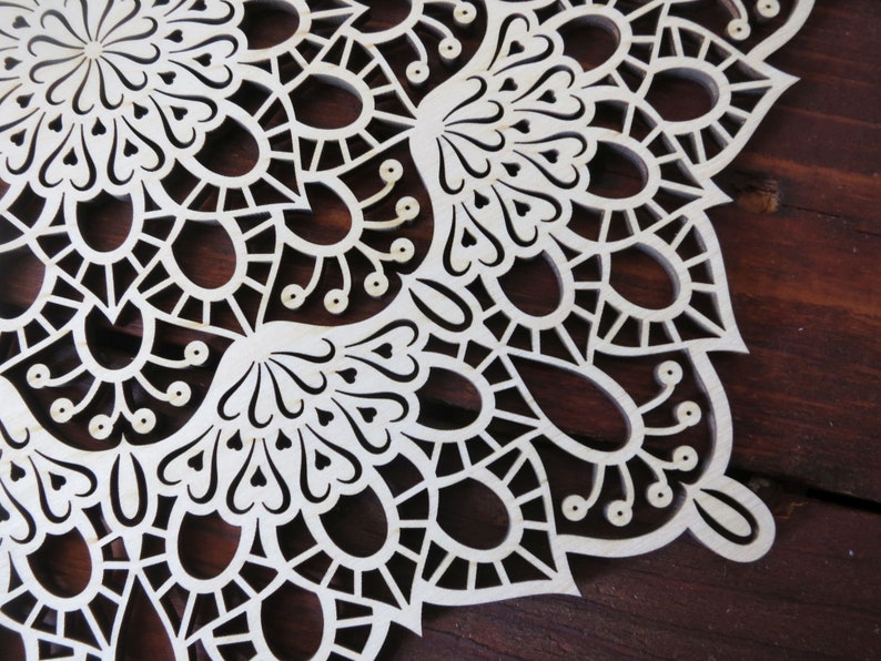 folk filigree lace wood gift ornament floral petals shadow woodland rustic Wooden Mandala with Little Hearts natural wall hanging rosette