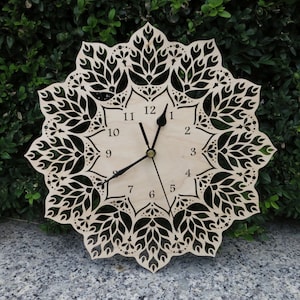 Filigree Mandala Wall Clock, silent sweep wooden decor, housewarming gift, natural birch wood, delicate lace accent, woodland hanging art