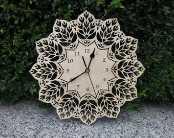 Filigree Mandala Wall Clock, silent sweep wooden decor, housewarming gift, natural birch wood, delicate lace accent, woodland hanging art