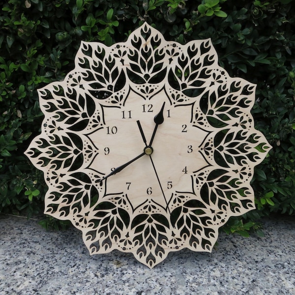 Filigree Mandala Wall Clock, silent sweep wooden decor, housewarming gift, natural birch wood, delicate lace accent, woodland hanging art