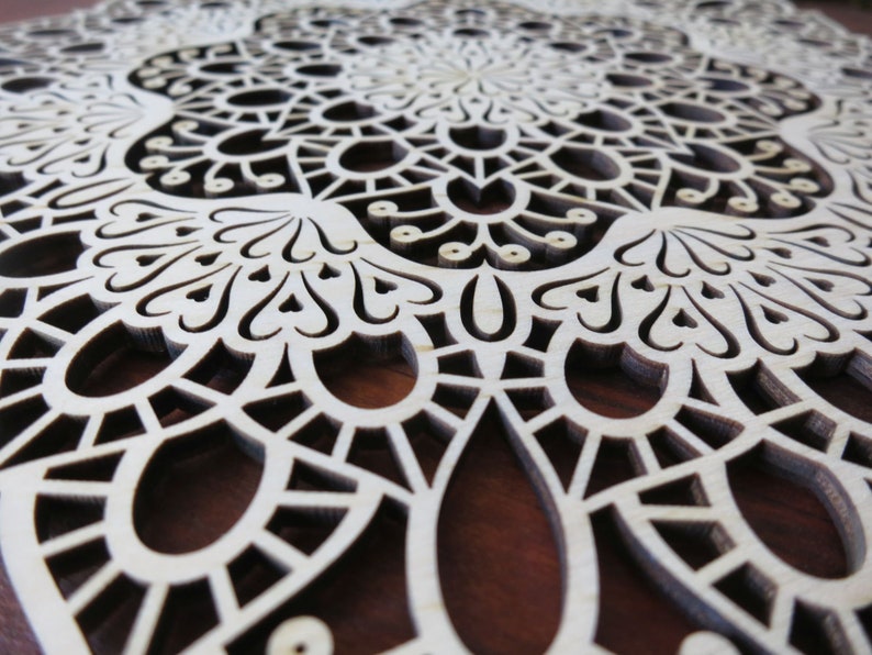 folk filigree lace wood gift ornament floral petals shadow woodland rustic Wooden Mandala with Little Hearts natural wall hanging rosette