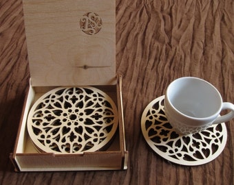 Wooden Rosette Coasters in cute box, plywood lasercut gothic rustic cup drink coffee gift woodland natural birch eco romantic art delicate