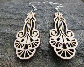 Cornflower Art Nouveau Flower Wooden Earrings, natural lightweight lace filigree hanging romantic dangle woodland ecological wood gift