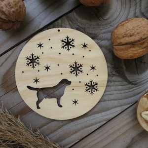 Snowflake Dog Wooden Baubles, natural christmas tree ornament set, gift for dog-lover, unique x-mas wood decoration, winter animals season