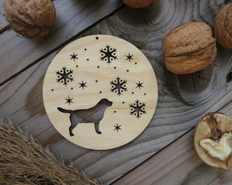 Snowflake Dog Wooden Baubles, natural christmas tree ornament set, gift for dog-lover, unique x-mas wood decoration, winter animals season