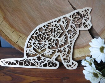 Sitting Cat Lace Ornament, cat-lover gift, filigree shadow wall hanging decoration, openwork natural wooden mandala floral figurine shape