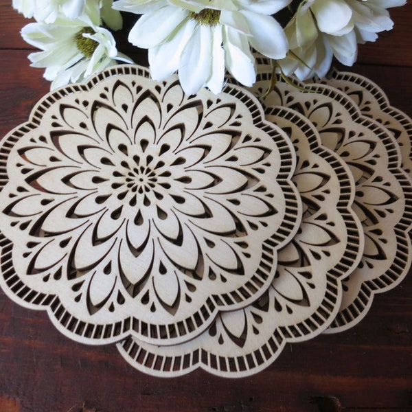 Filigree Wooden Coasters, set in dedicated box, openwork lace victorian wood rustic gift woodland natural kitchen table housewarming floral