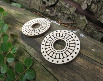 Round Wooden Earrings, natural wood filigree openwork geometric circle dangle woodland folk hippie gift keepsake souvenir favor steampunk