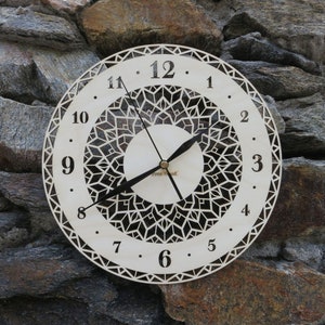May include: A white wooden clock with black numbers and hands. The clock face has a detailed geometric design.