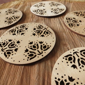 Filigree Floral Wooden Baubles, Christmas tree ornaments, round filigree herbal natural wood, unbreakable safe, woodland gift delicate art