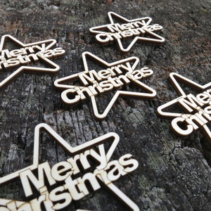 Merry Christmas Wooden Star Tags, custom natural wood filigree tag, present gift favor, ornament decor table x-mas x-mass tree hanging stars