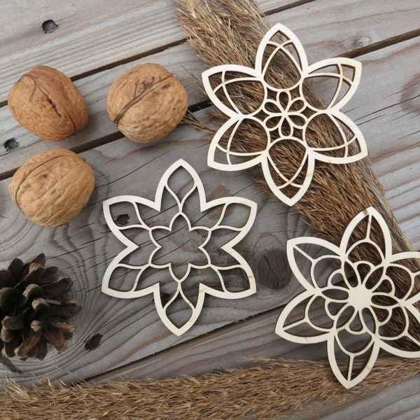 Filigree Flowers, Wooden Floral Ornaments Art, openwork lace bauble, natural raw wood, holiday spring decor, Eco-fiendly Christmas tree gift