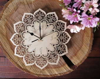 Filigree Mandala Wall Clock, silent sweep wooden decor, housewarming gift, natural birch wood, delicate lace accent, woodland hanging art