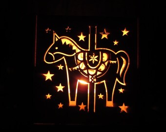 Carousel Pony Wooden Tealight Lantern, Wood Candle Holder, donkey horse playground luminaries lasercut plywood silhouette gift favor shadow