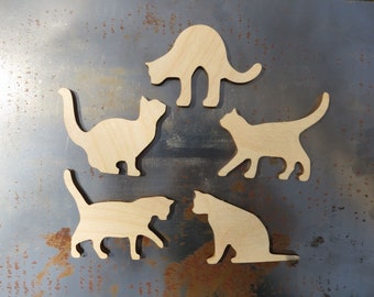 Wooden Cat Magnets: Natural Birch Fridge Decor, Set of 5