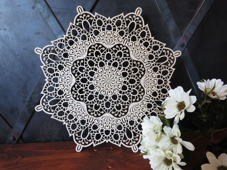 folk filigree lace wood gift ornament floral petals shadow woodland rustic Wooden Mandala with Little Hearts natural wall hanging rosette