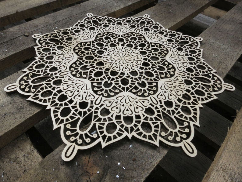 folk filigree lace wood gift ornament floral petals shadow woodland rustic Wooden Mandala with Little Hearts natural wall hanging rosette