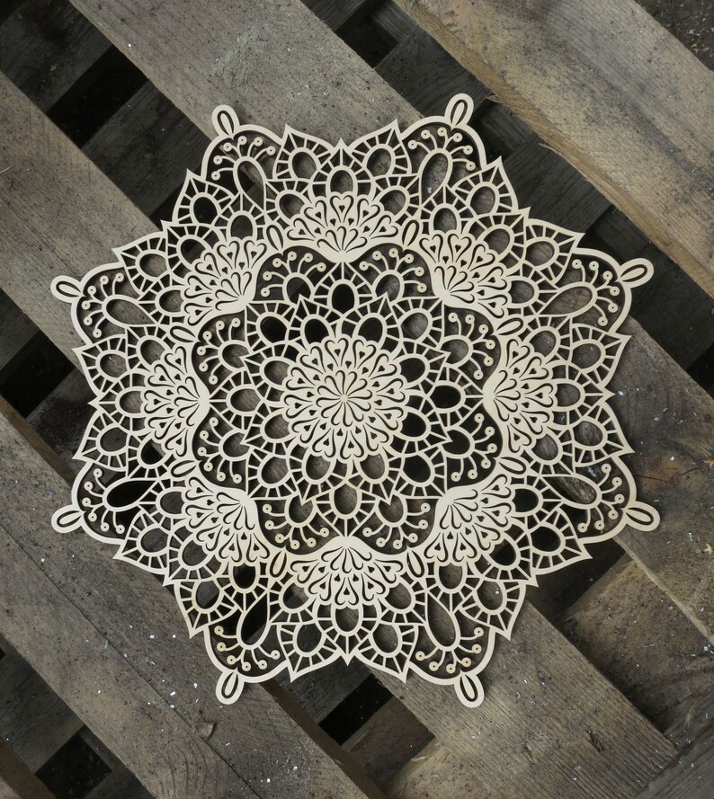 folk filigree lace wood gift ornament floral petals shadow woodland rustic Wooden Mandala with Little Hearts natural wall hanging rosette