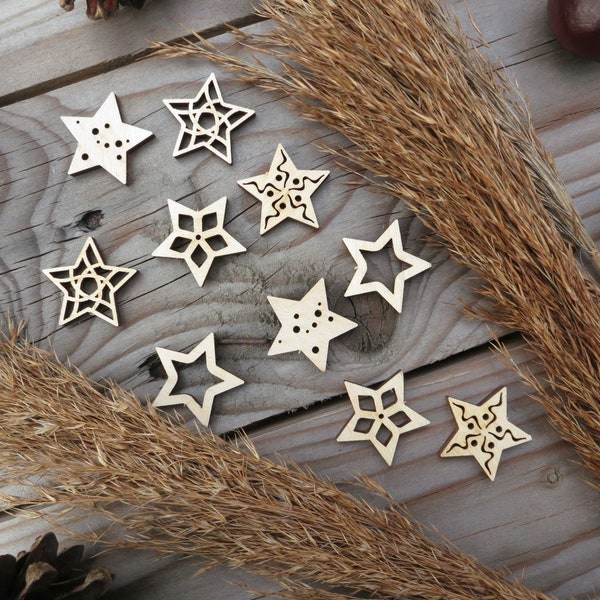 Tiny Wooden Stars, Christmas Tree Decors, winter season table supply cutouts, small natural favor, little nature diy supplies, raw wood art