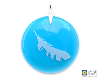 Angel feather pendant, heart wings on round turquoise blue fused glass, white feather