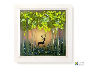 Enchanted forest framed fused glass panel with young stag and bluebells, textured glass, flowers, vibrant wall art, box frame