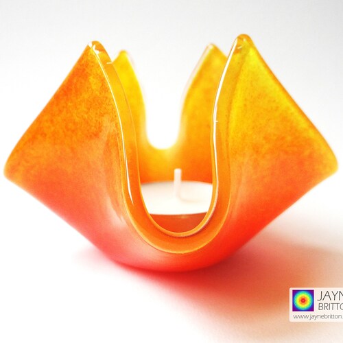 Fused Glass Small Candle Vase Orange and Yellow Blend Etsy UK