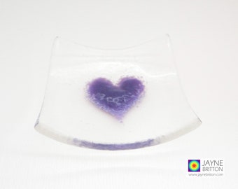 Heart bowl, fused glass, clear and deep purple glass, symbol of love, unusual wedding favour, party favor, trinket bowl, earring dish