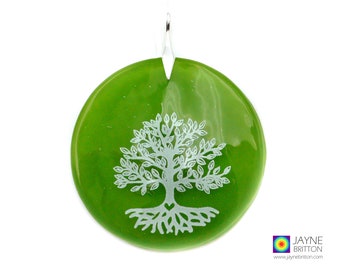 Tree of Life pendant on round green fused glass, handmade in the UK with sterling silver bail