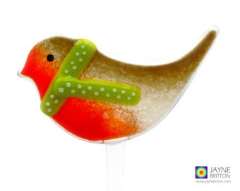 Fused glass bird plant decoration, Robin red breast with spotty green scarf, cottage garden, pot plant stick, bird on a stick