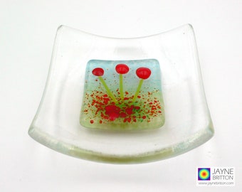 Red poppy flowers fused glass trinket bowl, picture panel ring dish, mothers day, uplifting, gift for mum, flower garden, cottage garden