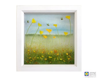 Yellow flowers and bees framed fused glass panel, flower field, garden, textured glass, flowers, vibrant wall art, box frame