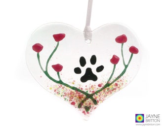 Heart shaped dog paw print light catcher, cat paw, pink flowers, memorial hanging decoration, suncatcher, pet loss gift, tribute